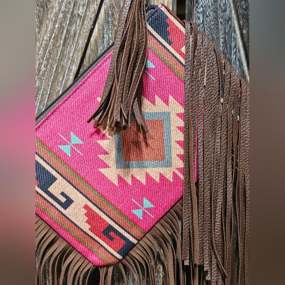 NWT Pink Fringe Aztec Pattern Wristlet